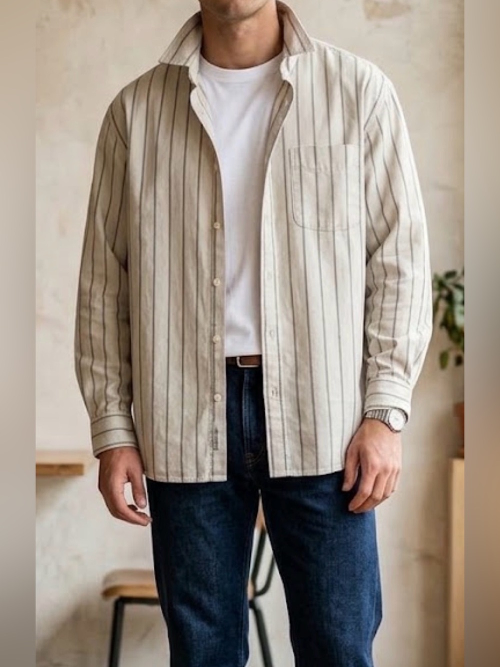 UniqloxJW ANDERSON Beige Vertical Stripe Button-Down Shirt